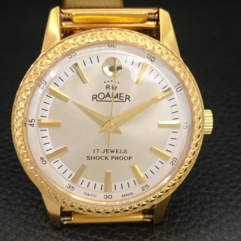 Vintage 1973 Roamer Manual Mens Gold Watch W/Metal Strap & Silver accents